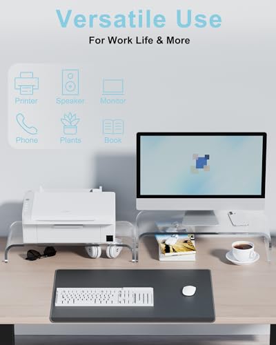 Image of Acrylic Dual Monitor Stand Riser 2 Tier, Modular Laptop Stand for Desk, Multifunctional Desktop Organizer Shelf for PC, iMac, Printer, Detachable Monitor Stand for Office or Home, Clear
