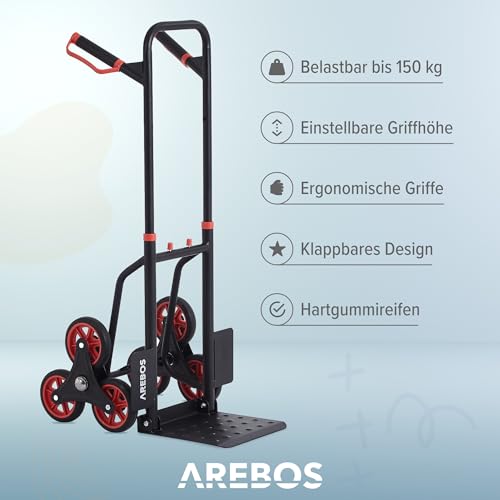 Arebos Treppenkarre Sackkarre | Treppensackkarre klappbar | Treppensteiger mit Hartgummireifen & Stahlrahmen...