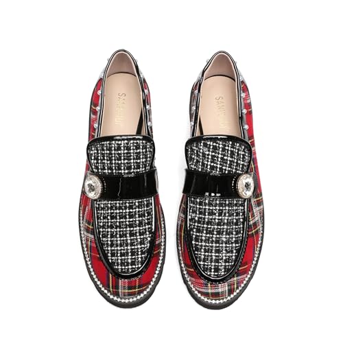 Women's Plaid Lug Sole Penny Loafers,Ladies Sparkly Rhinestones Pearl Trendy Low Heel...