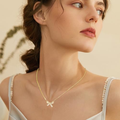 TESTRYE 18K Gold Bow Necklace,Dainty Bow Pendent Choker Necklace Bowknot Bow Tie Necklace for Women4
