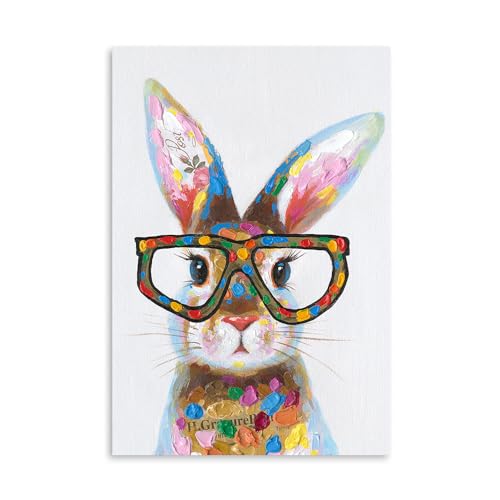 Yidepot Whimsical Colorful Rabbit Canvas Poster - Farm Bunny Bedroom Wall Decor with Cute Glasses Pictures for Living Room 16"x24"