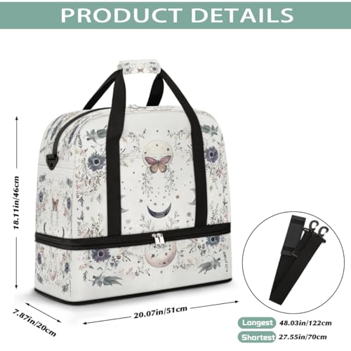 Foldable Carry On Bag for Travel, Expandable Duffle Bag with Shoe Compartment, Butterfly Moon Wildflower Lightweight Sports Gym Tote with Trolley Sleeve2