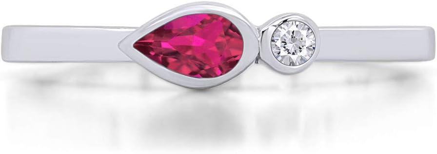 AFFY Simulated Birthstone and Diamond Accent Bezel-Set Stacking Engagement Wedding Band Ring in 14k White Gold Over Sterling Silver