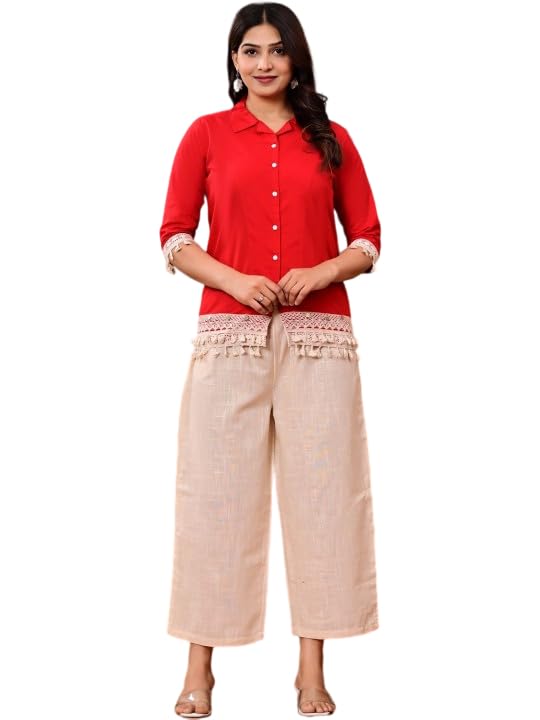 Co-Ord Set | Women’s Red Shirt & Beige Trouser Co-Ord Set – 3/4 Sleeve Shirt Collar Top with Palazzo Pants | 2 Piece Stylish Cotton Flex Outfit | Casual, Office, Travel Set for Women-image-43