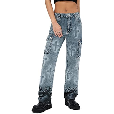 Aelfric Eden Men Denim Pants Trousers Women Flame Cross Color Block Jeans Multi Pockets Harajuku Hip Hop Casual Joggers Pants Streetwear Cover