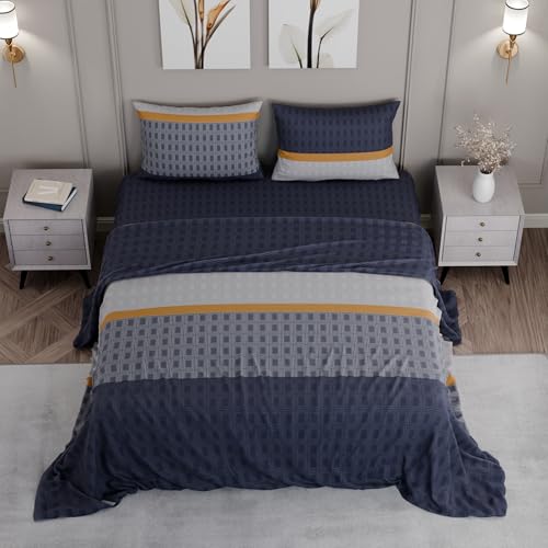 Image of BLISSHOME SoftTouch 150TC Cotton King Size Printed Bedsheet with 2 Pillow Covers for Double Bed, Silky Smooth Bedding Set, Breathable, Easy Maintain, Geometric Pattern - Blue (228cm X 274cm)