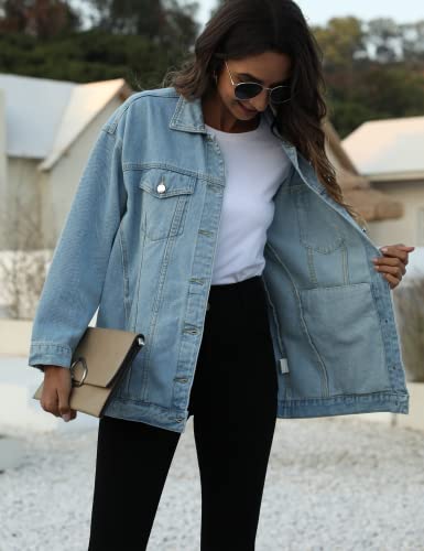 Qibabu Women Mid Long Denim Jacket Trucker Biker Oversized Distressed Jean Jackets (0855-Lightblue-L-Qb) #TOP2
