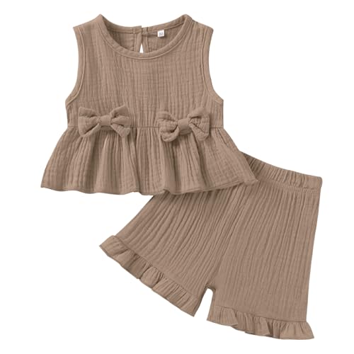Toddler Baby Girl Clothes Cute Outfits Girls Linen Bow Tank Tops Ruffle Shorts Set Spring Summer Clothes for Kids