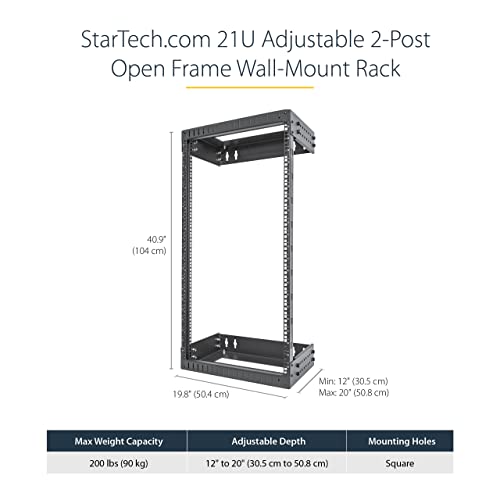 StarTech.com 2-Post 21U Heavy-Duty Wall Mount Network Rack, 19" Open Frame Server Rack with Adjustable Depth, Wall Mount Data Rack for IT / AV / Patch Panel / Computer Equipment (RACK-21U-20-WALL-OA) by StarTech - Image 3