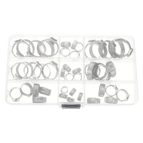 SEWCHICS 45pcs Stainless Steel Single Ear Crimp Hose Clamp Assortment Kit Adjustable Garden Hose Fastener for Plumbing and Industrial Use