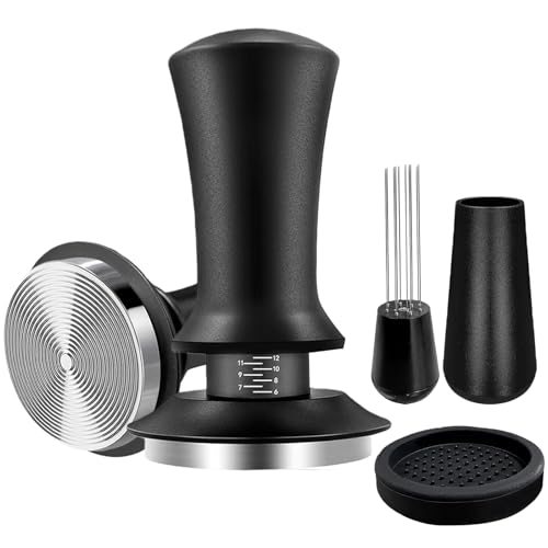 Prensador de café de 58 mm con ajuste de escala, prensador de café con rebote automático de 2 plumas, base ondulada de acero inoxidable, prensador de café de 58 mm con mango de madera, juego de