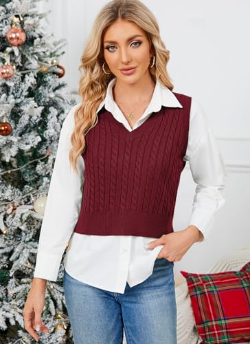 Image of HOCOSIT Women's Knitted V-Neck Vest Argyle Plaid Preppy Style Sleeveless Pullover Crop Sweater Vest