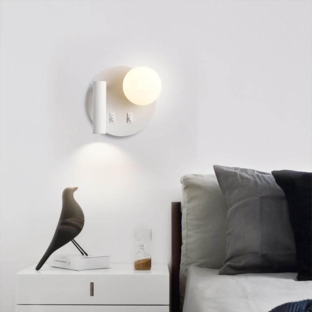 Applique da Parete, Lampada da Lettura a LED per Comodino, Lampada da Tavolo per Camera da Letto con Interruttore, Applique a Globo in Vetro, apparecchio di Illuminazione per soggi