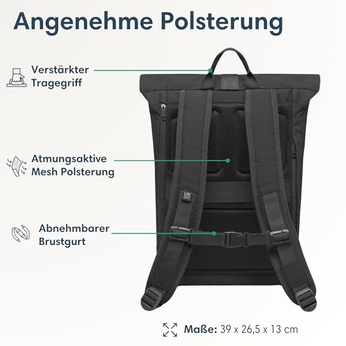 LARKSON Rucksack Damen & Herren Schwarz - Janne Small - Rolltop Rucksack mit Laptopfach für Uni, Arbeit, Reise & Fahrrad - Backpack Tagesrucksack Klein - Wasserabweisend
