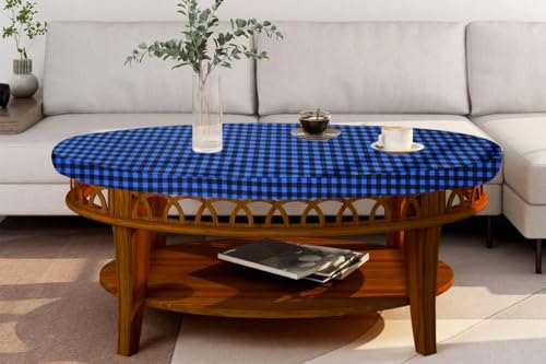 Image of The Furnishing Tree Elastic Oval Center Table Cover WxL 18x60 in Inches Polyester Checkered Pattern Blue