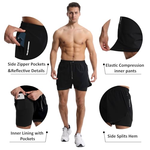 OEBLD Men’s Running Shorts 3 Inch Workout Gym 2-in-1 Pants Athletic Compression Tights3