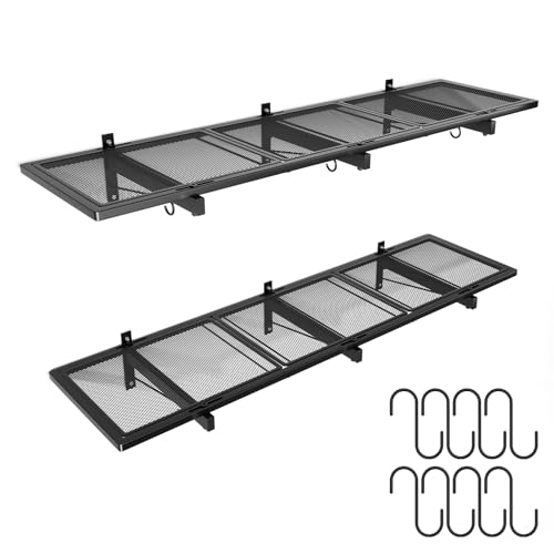 oyenbboi 2 Pack Garage Wall Shelving 46X 12.5 Garage Shelving Wall Mounted Heavy Duty Garage Storage Rack with 8 Hooks 320 LBS Capacity Black Metal Floating Organizer Shelves for Warehouse (2)