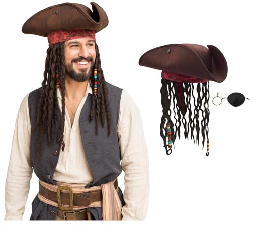 Nicky Bigs Novelties Pirate Hat for Men With Pirate Dreadlock Wig, Eye Patch & Gold Earring, Adult Tricorn Hat For Women, Tricorn Hats with Dreadlocks, Pirate Costume Accessories, Adjustable Size