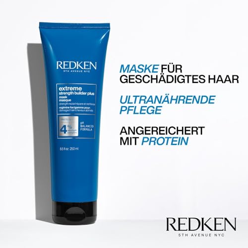 Redken Intensiv-Haarmaske für alle Arten von Haarschäden, Repariert und regeneriert, Anti Haarbruch, Extreme Strength Builder Plus Mask, 1 x 250 ml