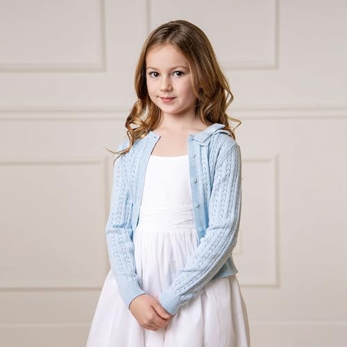 Hope & Henry Baby Girls' Organic Pointelle Bow Cardigan, 18-24 Months, Light Blue Heather Pointelle