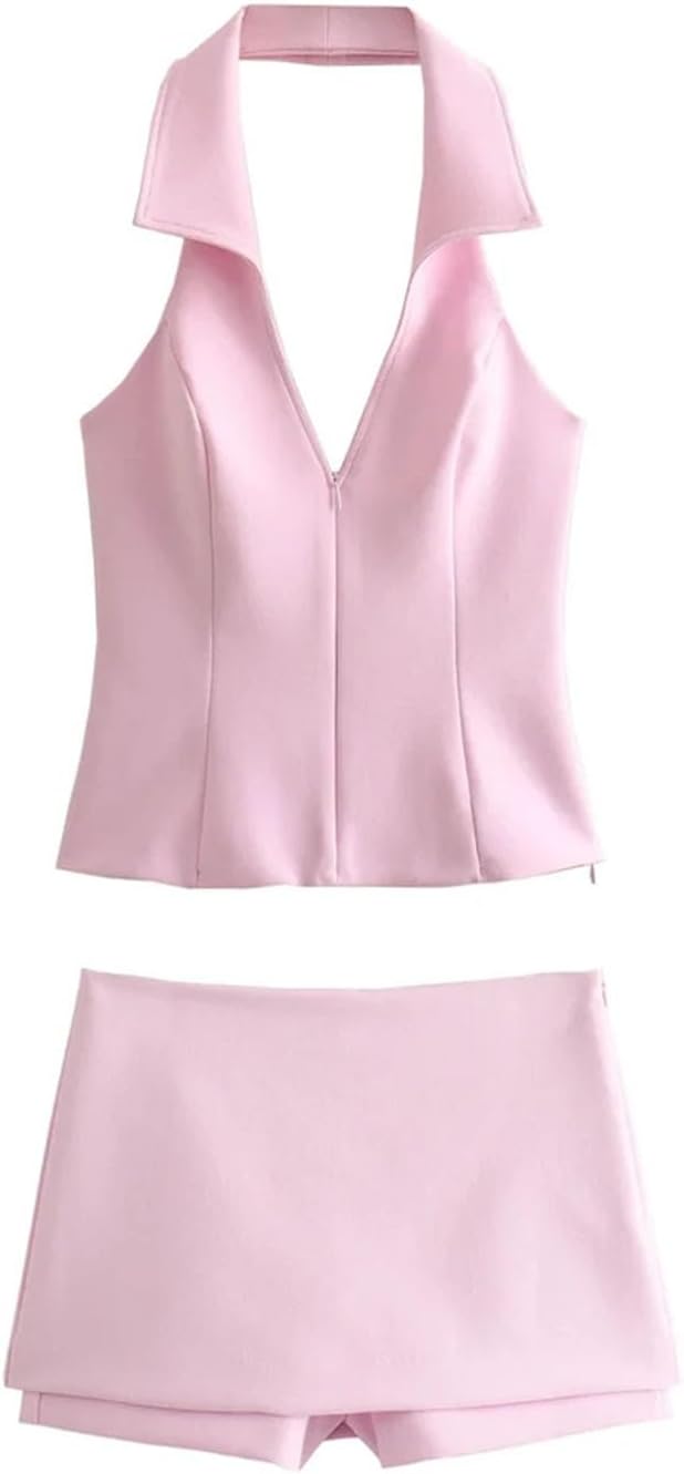 Women Open Back Fitted Halter Top and Low-Rise Side Zip Two Pieces Sets