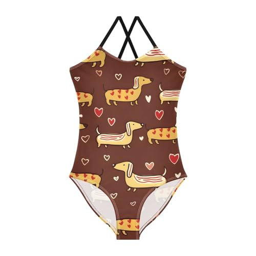 Bolaz Girls Swimsuits One-Piece Bathing Suits Summer Beach Swimwear for 3-10 Years Old-Dachshund Heart Pattern
