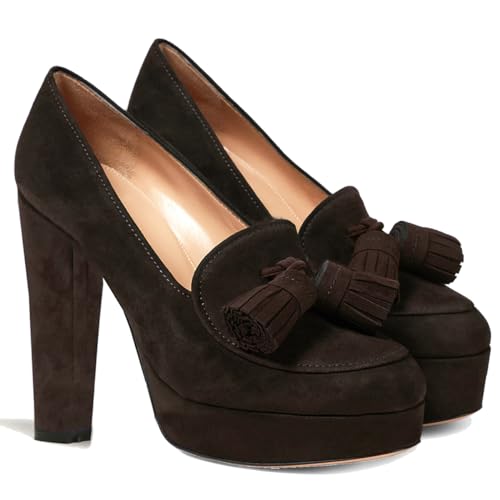 Image of SHODENSE Women Vintage Chunky Platform Loafers Pumps Tassel Round Closed Toe Slip On Suede Block High Heel Dress Loafer Shoes Buckle Strap Oxford Loafers Fringe Pump Dressy Chic Sexy Y2k 4-11 M US