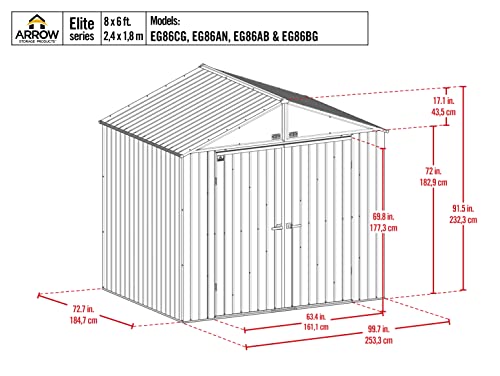 Image of Arrow Shed Elite 8' x 6' Tall Outdoor Steel Storage Shed with High Gable and Lockable Doors Storage Building, Anthracite