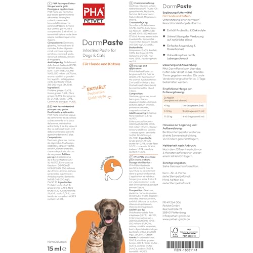 PHA DarmPaste DurchfallStopp für Hunde und Katzen - Linderung akuter Resorptionsstörungen des Darms, bei und nach akutem Durchfall, Paste 15 ml