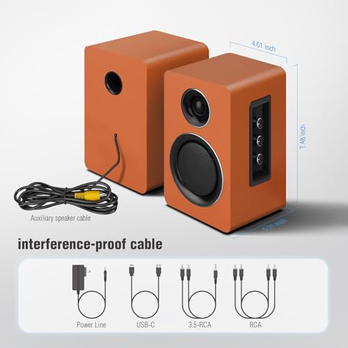 Image of Computer Speakers for Desktop PC, Active Bookshelf Speaker with 3 inch Carbon Fiber Woofer and Silk Film Tweeter, Supports Bluetooth 5.3, USB-C, AUX /RCA Input for Record Player TV - Orange Stereo Set