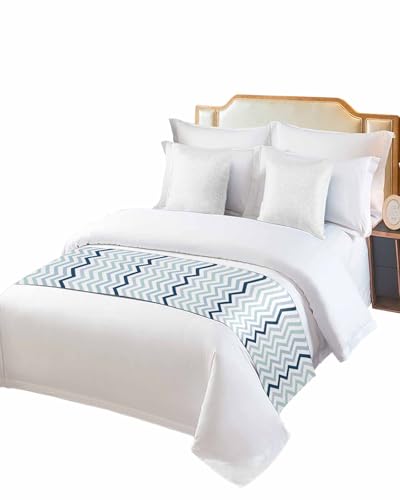 Bed Runner for Twin Size, Gradient Blue Decorative Scarf Throws for Foot of Bed, Geometric Stripes Wave Chevron Pattern Luxury Bedding Protector Slipcover Beds Runners for Hotel/Home, 71 x 20 Inch