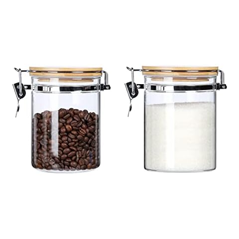 KKC HOME ACCENTS Borosilicate Glass Jars with Airtight Lid,Sealed Jars Locking Clamp Lid, Airtight Glass Food Storage Container with Bamboo Lid for Loose Tea,Sugar,Cocoa,Coffee Canister,27 fluid-oz Cover