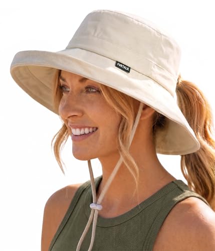 FURTALK Sun Hats for Women Wide Brim Ponytail Beach Sun Protection Hat with Fold-Up Brim Bucket Hat Beige