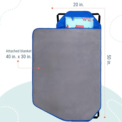 Image of Wildkin Modern Kids Nap Mat with Pillow for Boys - Cotton Blend, Elastic Straps, Sleep Mat for Daycare, Preschool, Kindergarten & Travel, Ages 3-7, Machine Washable - Trains, Planes, and Trucks