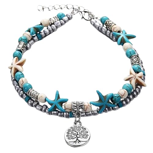 Boho Multiple Strands Anklets Tree pendant Anklet Starfish and Turquoise and Sone Beads Ankle Bracelet Beach Foot Chain Foot Jewelry for Women and Girls-image-46