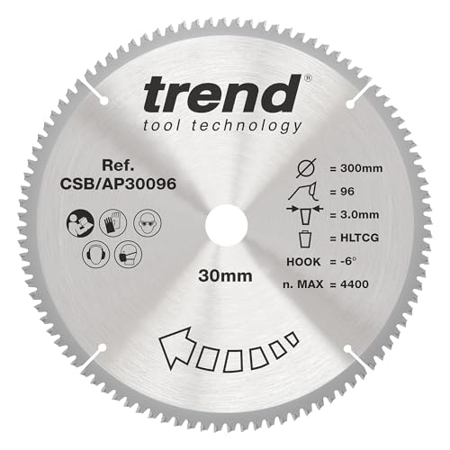 Trend Aluminium & Plastic Circular Saw Blade, 300mm Diameter, 30mm Bore, 96 Teeth, 3mm Kerf, -6° Hook, TCT, Extra-Fine Finish, CSB/AP30096