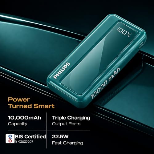 Philips 10000mAh 22.5W Fast Charging Power Bank (Deep Cyan) with Digital LED Display | Type-C & USB-A Input/Output | 3 Output Ports | Lithium Polymer Battery | Portable for Mobile, Tablet & Earbuds view 2