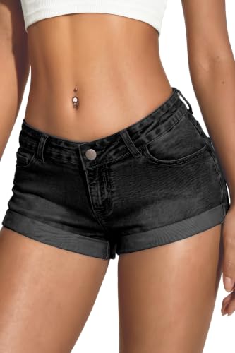 ELLEVEN Low Rise Jean Shorts for Women Y2k Mini Denim Shorts Micro Cute Summer Shorts High Stretchy Streetwear 2000s Trendy 2026 Black Denim Medium