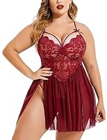 Xivir Plus Size Lingerie Lace Babydoll Womens Strap Chemise Nightgown V Neck Nighty Mesh Sleepwear Side Slit Nightdress (XXX-Large, Maroon)