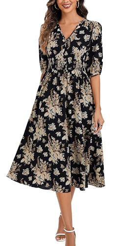 Image of Kormei Women Casual Boho V Neck 3 /4 Sleeve Smocked Waist A Line Flowy Swing Midi Dress Smocked Long Dress