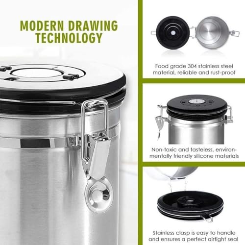 Image of Container for Ground Coffee, Coffee Beans - Coffee Canister 1200 ml with Built in Valve Stainless Steel Airtight with Scoop, Storage for Beans, Grounds, Tea, Sugar (Set of 1)