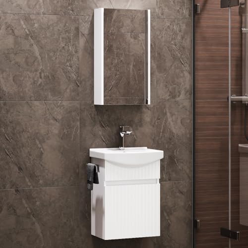 Planetmöbel Meuble sous lavabo Suspendu 45 cm avec Vasque en céramique et Armoire de Toilette 40 cm, Ensemble Blanc Mat, pour Petites salles de Bains et WC Invités