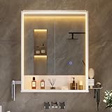 mojiasion 2-türiger LED-Spiegelschrank 60x78x18 cm, Badschrank mit Steckdose, Touch-Sensor & 3 dimmbaren Lichtfarben – inkl. Föhnhalter, Handtuchhalter & verstellbarem Einlegeboden – Weiß