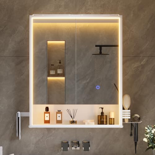 mojiasion 2-türiger LED Spiegelschrank 60x78x18 cm, Badschrank mit Steckdose, Touch-Sensor & 3 dimmbare Lichtfarben – Weiß, inkl. Föhnhalter, Handtuchhalter & verstellbarem Einlegeboden