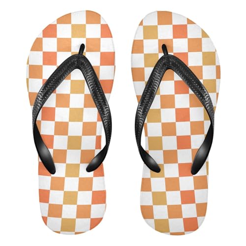 Sinestour Orange Checkerboard Flip Flops for Beach Thong Sandals Anti-slip Lightweight Flat Slippers for Summer Travel Swim