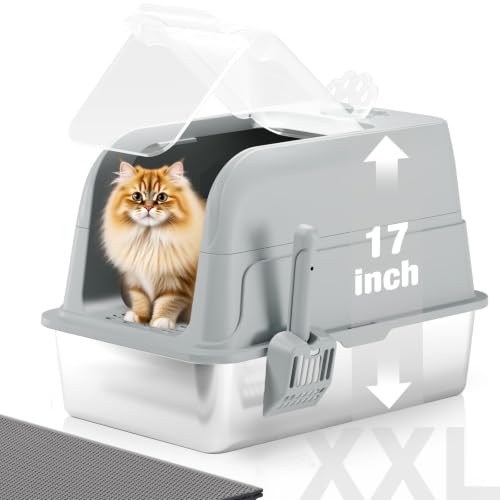 APPKER Stainless Steel Cat Litter Box with Lid, XL Large Enclosed High Sided Cat Litter Box, Metal Cat Box with 120&deg; Fully Transparent Detachable Lid, Scoop & Mat - Grey