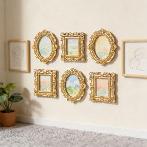 Image of 6 Pcs Mini Frames, Gold Small Vintage Picture Frames Antique Resin Photo Frame for DIY Craft Galley Wall Hanging Jewelry Display Shooting Photo Props Christmas Decor (Without Backings)
