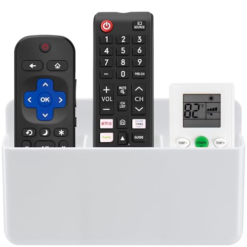 Image of 3 Slot Adjustable Remote Control Holder Wall Mount, TV Remote Box Hollow Bottom Slot Easy Phone Charging, Self Adhesive Remote Holder,Wall Pen Holder Storage Accessories for Home Office School (White)