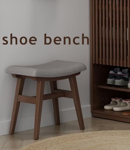 Image of Wooden Vanity Stool, Modern Makeup Dressing Stool solid wood with upholstery saddle seat stool concave ergonomic chair easy to install for bedroom, dining room, home office 16 inch wide brown