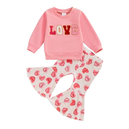 Engofs Toddler Baby Girl Valentines Day Outfit Long Sleeve Letter Print Sweatshirt Flared Pants Set (V2 Pink Love, 3-4T)